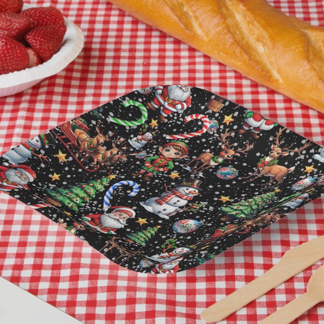 Black Background Christmas Decorative Pattern Paper Plate (Creator Uploaded)