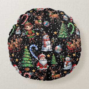 Black Background Christmas Decorative Pattern Round Cushion