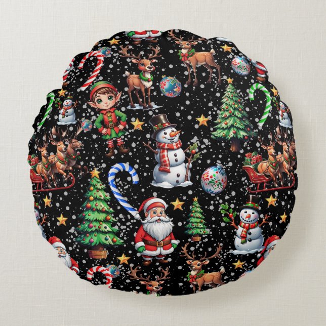 Black Background Christmas Decorative Pattern Round Cushion (Front)