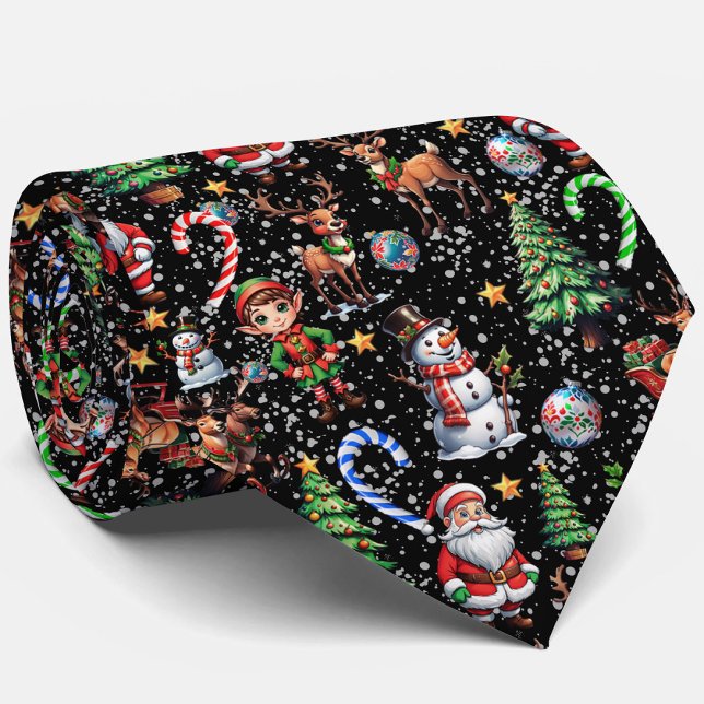 Black Background Christmas Decorative Pattern Tie (Creator Uploaded)