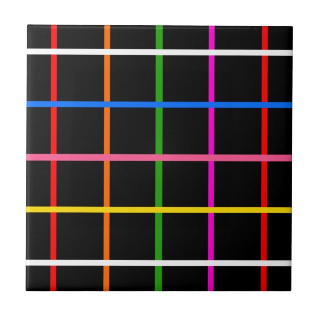 Black Background Colourful Windowpane Plaid Design Ceramic Tile (Front)
