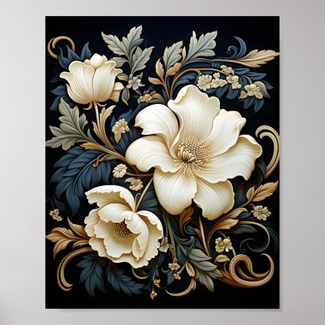 Black Background Floral Pattern Beautiful Flowers Poster (Front)
