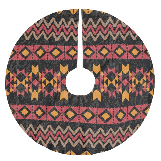 Black Background, Geometric Modern Pattern. Brushed Polyester Tree Skirt (Front)