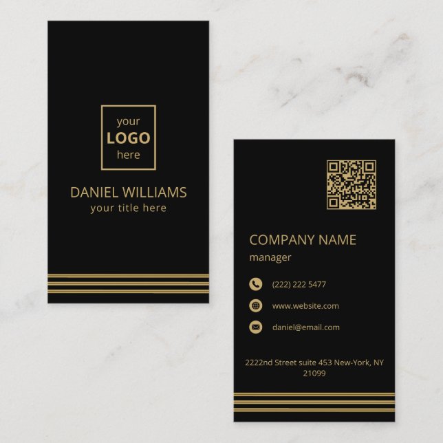 Black Background Gold Stripes Business Card (Front/Back)