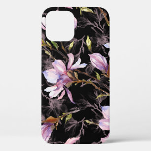 Black Background Pink Magnolia Watercolor iPhone 12 Case