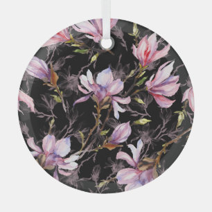 Black Background Pink Magnolia Watercolor Glass Tree Decoration
