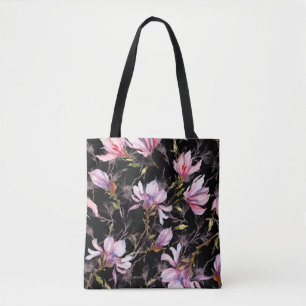 Black Background Pink Magnolia Watercolor Tote Bag