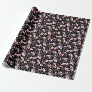Black Background Pink Magnolia Watercolor Wrapping Paper