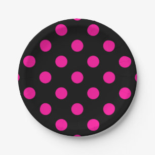 Black Background Pink Polka Dots Paper Plate
