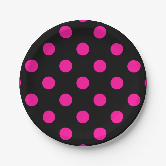 Black Background Pink Polka Dots Paper Plate (Front)
