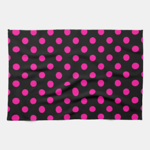 Black Background Pink Polka Dots Tea Towel