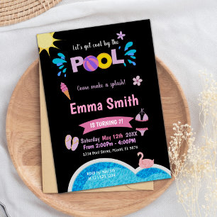 Black Background Pool Birthday Invitations