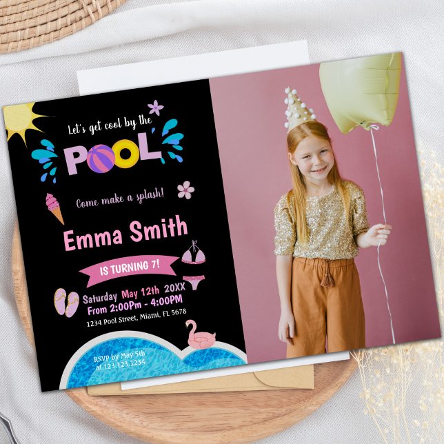 Black Background Pool Birthday Invitations w photo (Black Background Pool Birthday Invitations w photo)