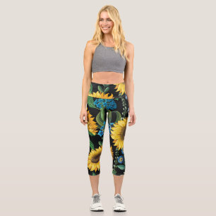 Black Background Sunflower Pattern Capri Leggings