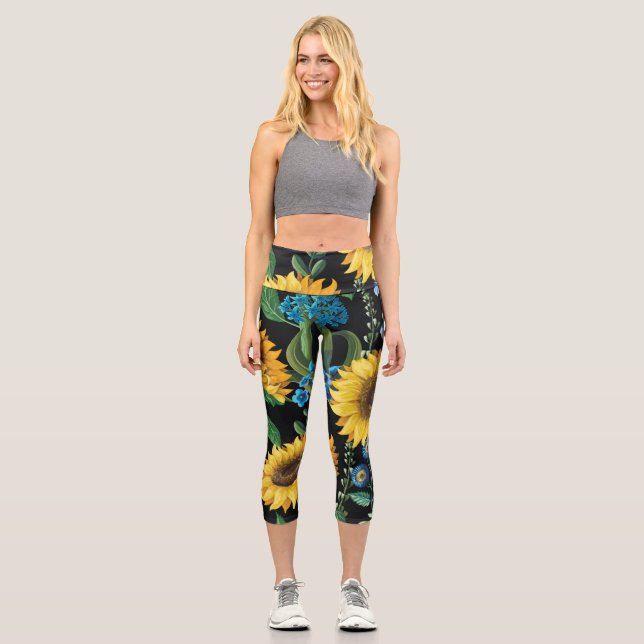 Black Background Sunflower Pattern Capri Leggings (Front)