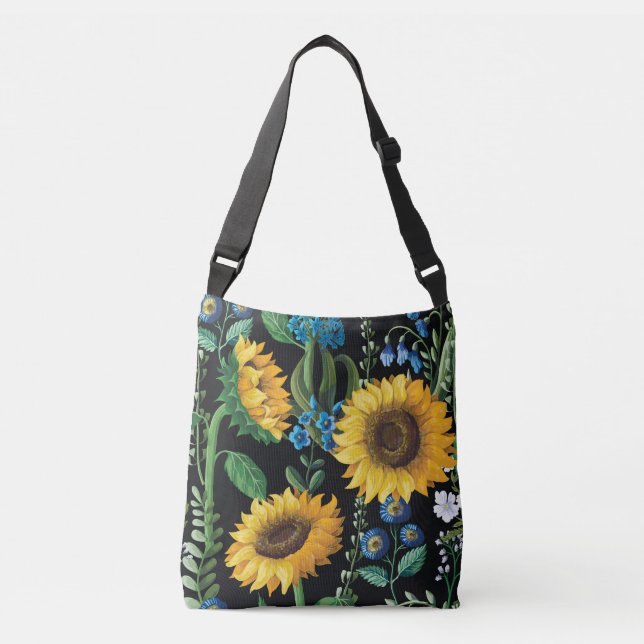 Black Background Sunflower Pattern Crossbody Bag (Front)
