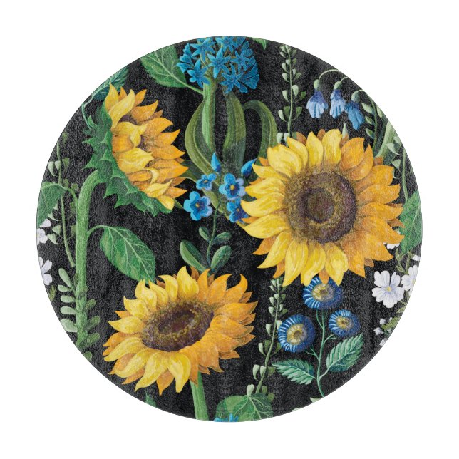 Black Background Sunflower Pattern Cutting Board (Front)
