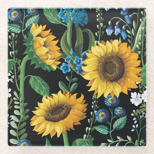 Black Background Sunflower Pattern Glass Coaster (Front)