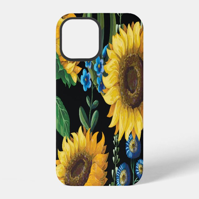 Black Background Sunflower Pattern iPhone Case (Back)