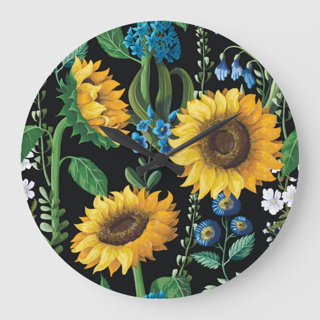 Black Background Sunflower Pattern Large Clock (Front)