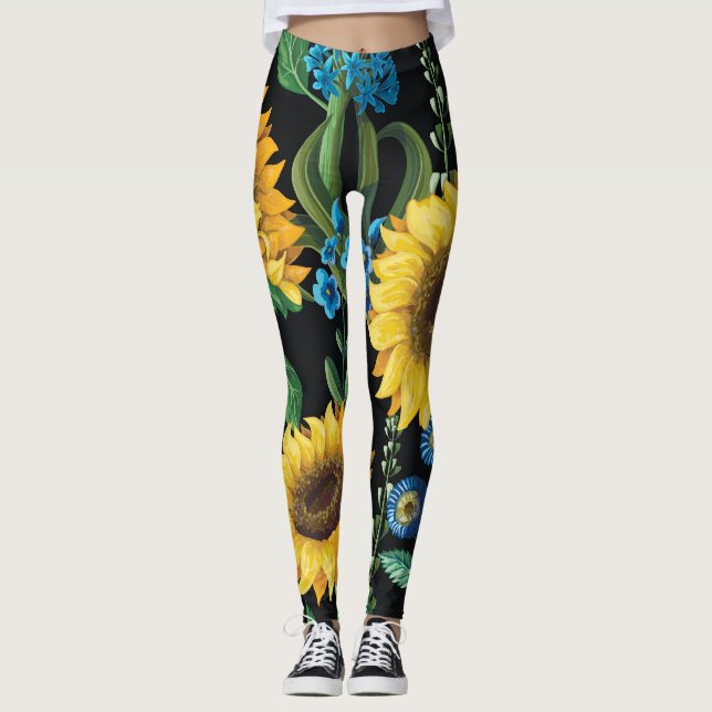 Black Background Sunflower Pattern Leggings (Front)