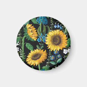 Black Background Sunflower Pattern Magnet