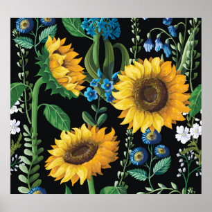 Black Background Sunflower Pattern Poster