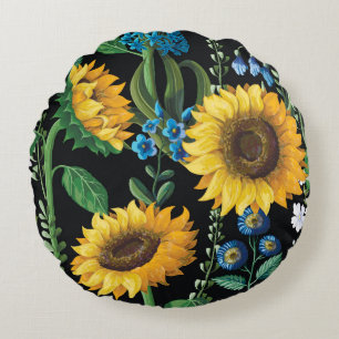 Black Background Sunflower Pattern Round Cushion