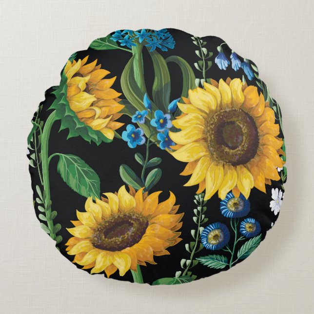 Black Background Sunflower Pattern Round Cushion (Front)