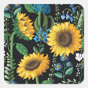 Black Background Sunflower Pattern Square Sticker