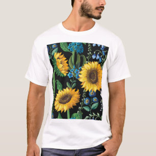 Black Background Sunflower Pattern T-Shirt