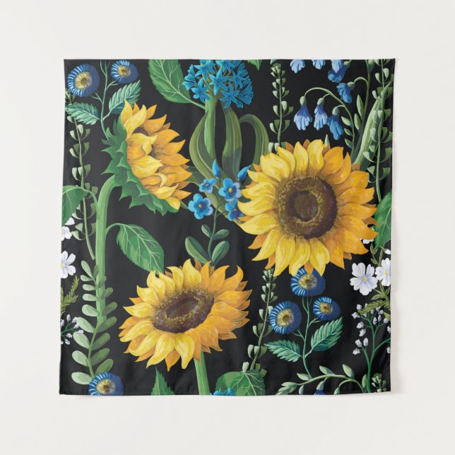 Black Background Sunflower Pattern Tapestry (Front)