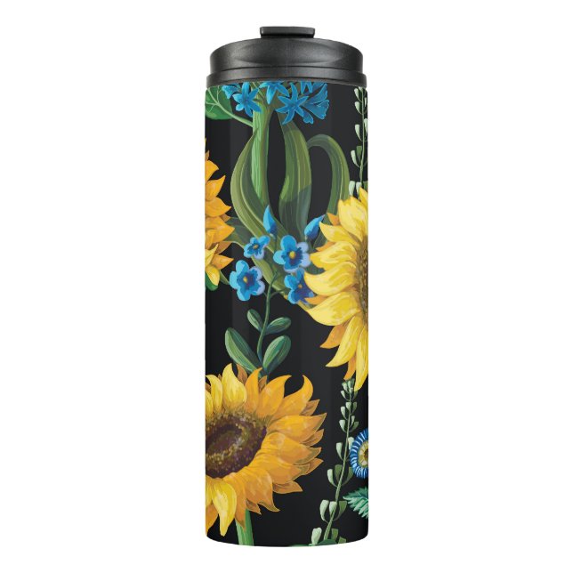 Black Background Sunflower Pattern Thermal Tumbler (Front)