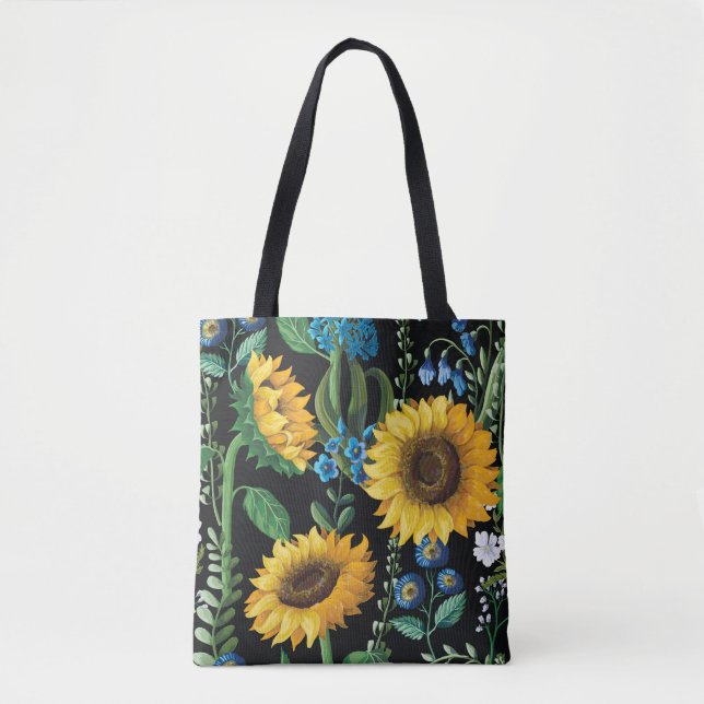Black Background Sunflower Pattern Tote Bag (Front)