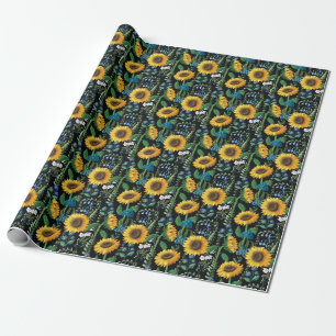 Black Background Sunflower Pattern Wrapping Paper