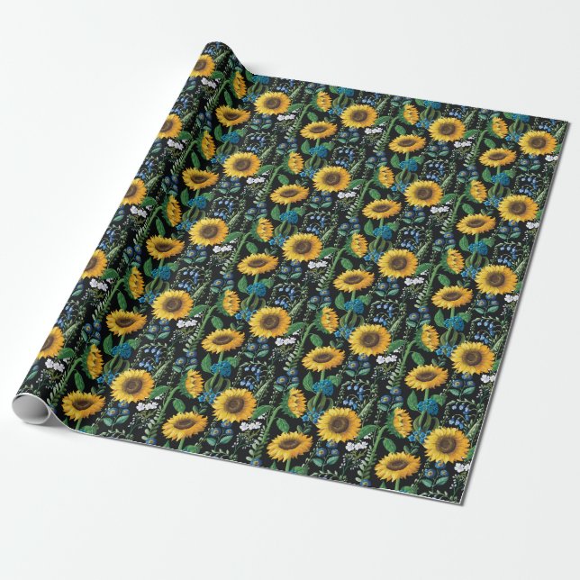 Black Background Sunflower Pattern Wrapping Paper (Unrolled)