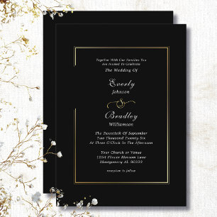Black Background White Gold Frame Border Wedding Invitation