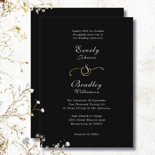 Black Background White Gold Minimal Chic Wedding Invitation