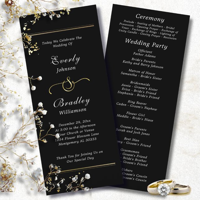 Black Background White Script Elegant Wedding  Program (Creator Uploaded)