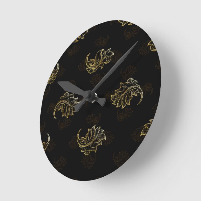 Black background with a repeating ornate gold leaf round clock (Angle)