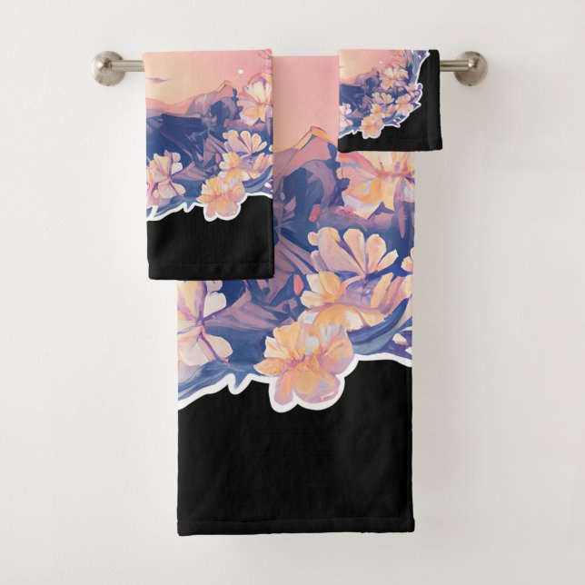 black background with mountain view bath towel set (Insitu)