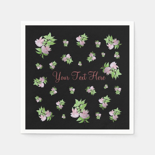 black background with pretty pink flowers napkin (Front)