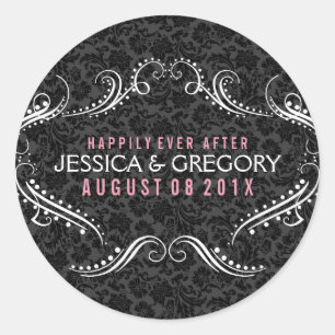 Black Background With White Floral Frame Classic Round Sticker