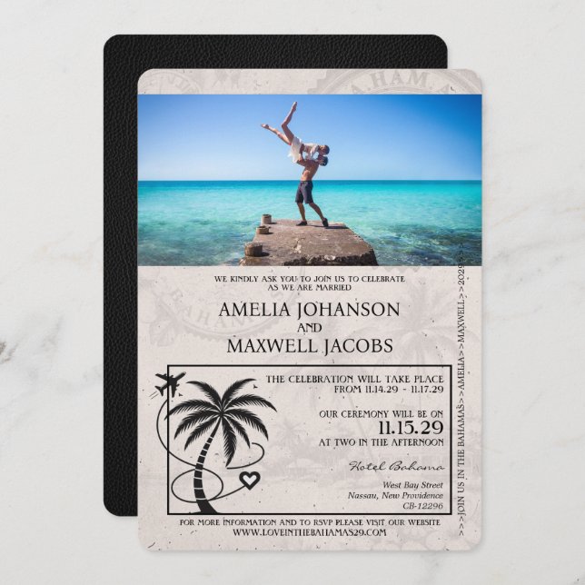 Black Bahamas Passport Wedding Invitation (Front/Back)
