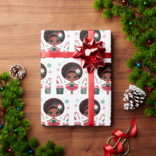 Black Ballerina Girl Afro Puff Red Green Christmas Wrapping Paper
