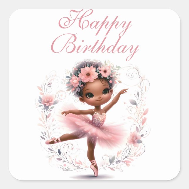 Black Ballerina Happy Birthday Square Sticker (Front)