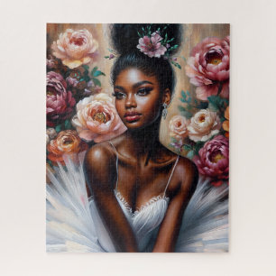 Black Ballerina In White Tutu With Peonies Art Jigsaw Puzzle