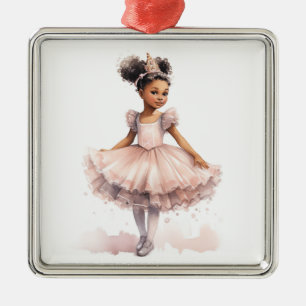 Black Ballerina, Pale Pink Tutu, Gold Crown Metal Ornament
