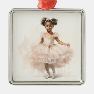 Black Ballerina, Pale Pink Tutu, Ponytails, Ribbon Metal Ornament