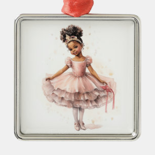 Black Ballerina, Pink Tutu, Gold Crown Metal Ornament